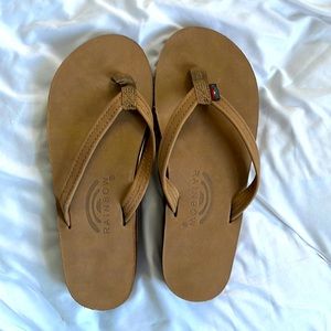 Rainbow flip flops tan leather